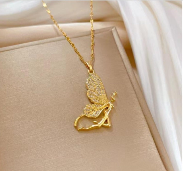 Golden Fairy Wings Pendant Necklace